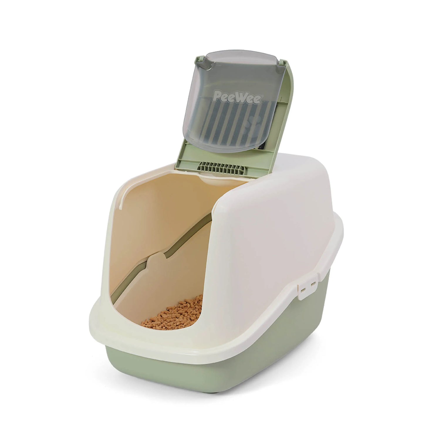 PeeWee EcoHus bac à litière avec couvercle vert sauge – Set de Base + 3 kg granulés de bois
