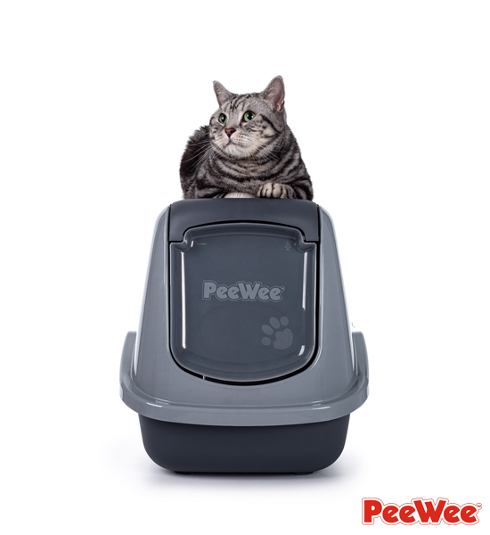 Chat assis sur le petit bac à litière fermé PeeWee modèle EcoHus