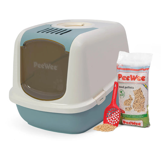 PeeWee EcoDome XXL bac à litière avec couvercle bleu colombe – Set de Base + 3 kg granulés de bois
