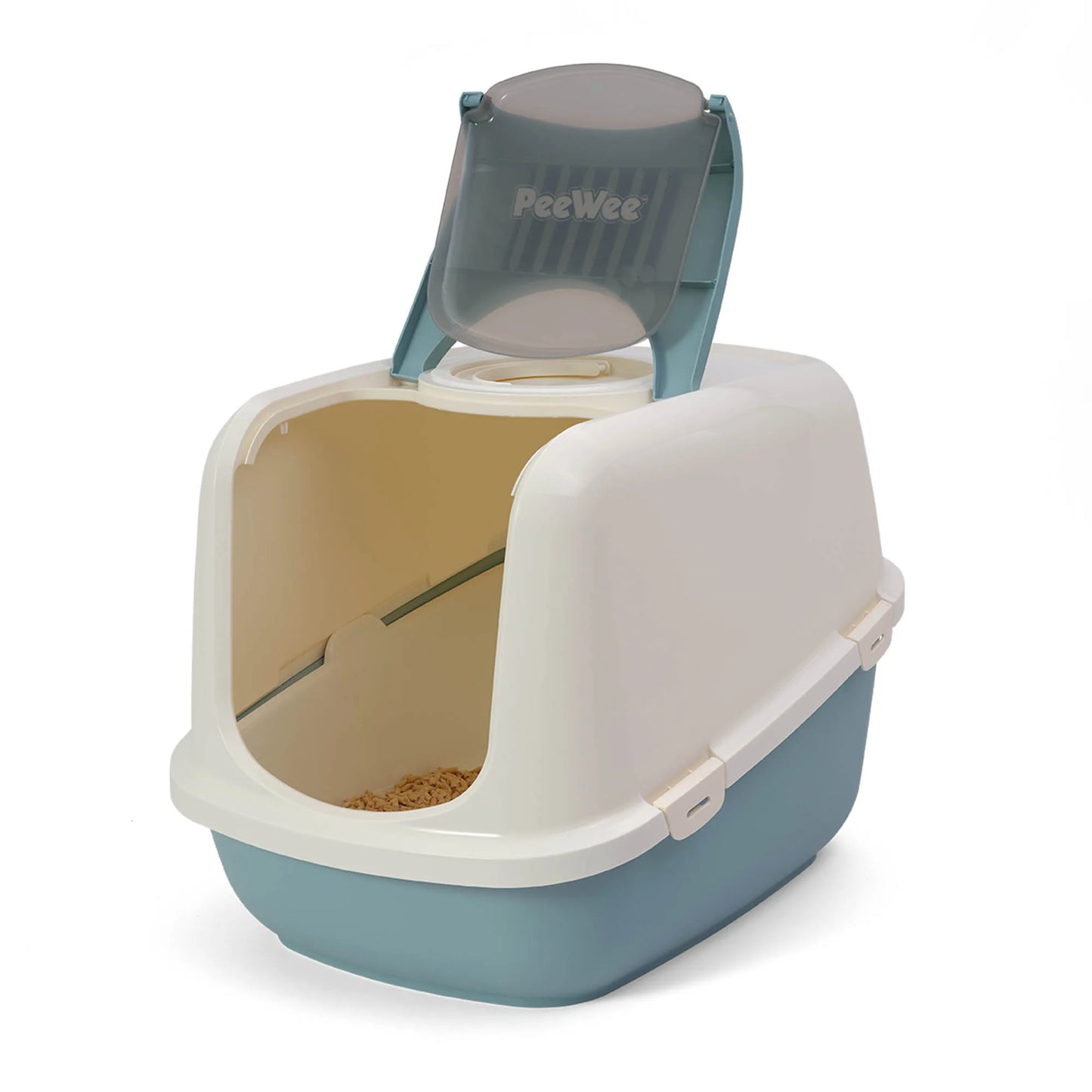 PeeWee EcoDome XXL bac à litière avec couvercle bleu colombe – Set de Base + 3 kg granulés de bois