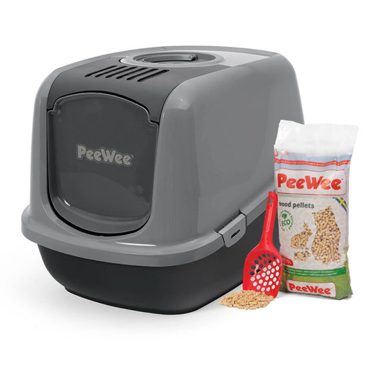 PeeWee EcoDome XXL bac à litière avec couvercle gris – Set de Base + 3 kg granulés de bois