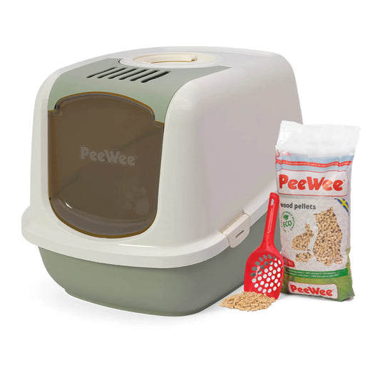 PeeWee EcoDome XXL bac à litière avec couvercle vert sauge – Set de Base + 3 kg granulés de bois