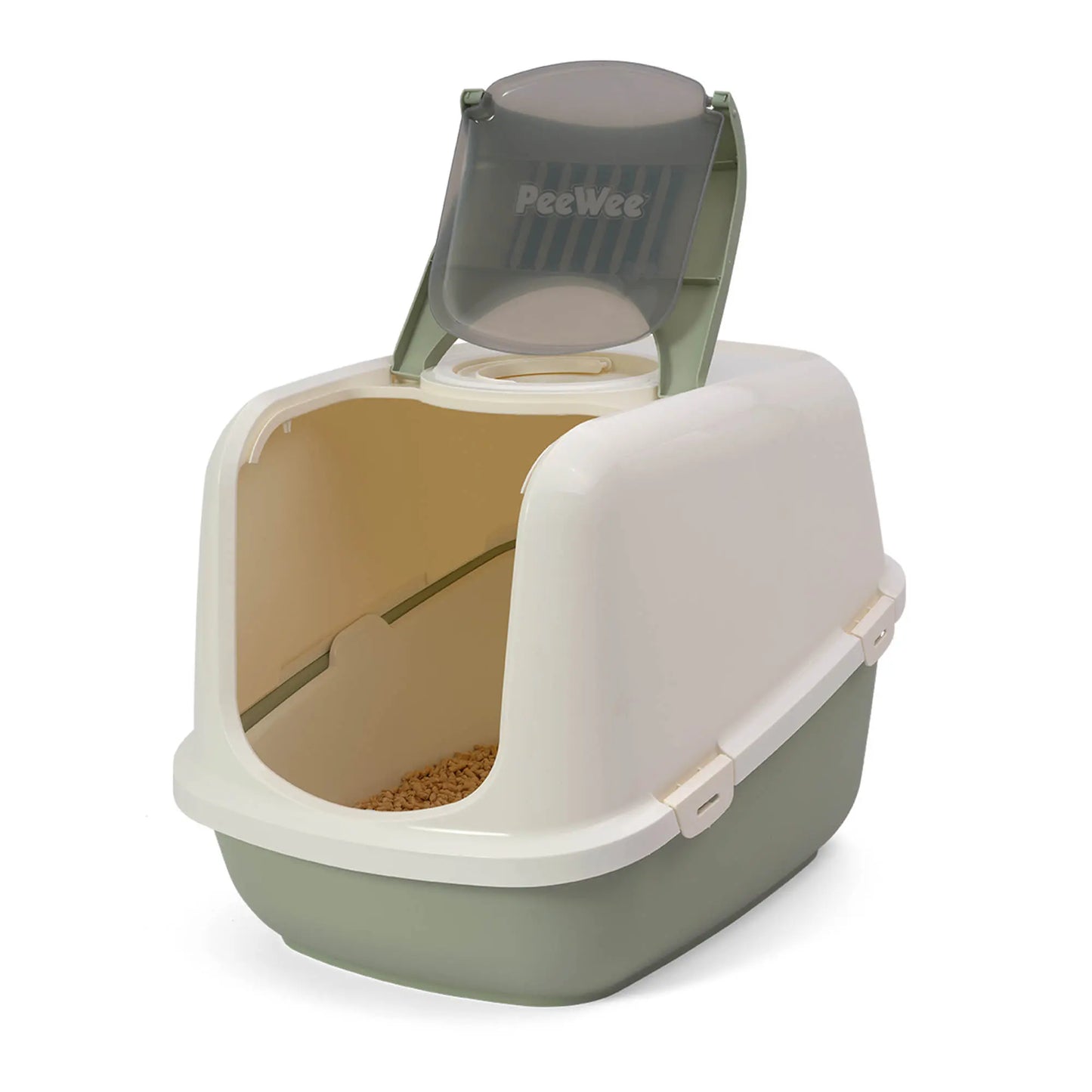 PeeWee EcoDome XXL bac à litière avec couvercle vert sauge – Set de Base + 3 kg granulés de bois