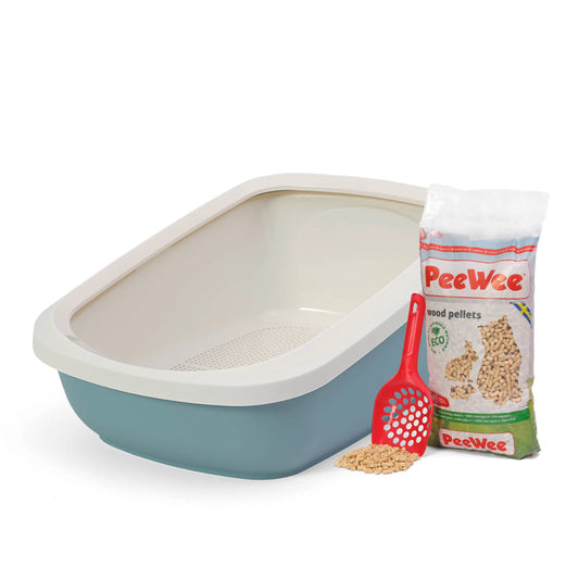 PeeWee EcoGranda XXL bac à litière ouvert bleu colombe – Set de Base + 3 kg granulés de bois