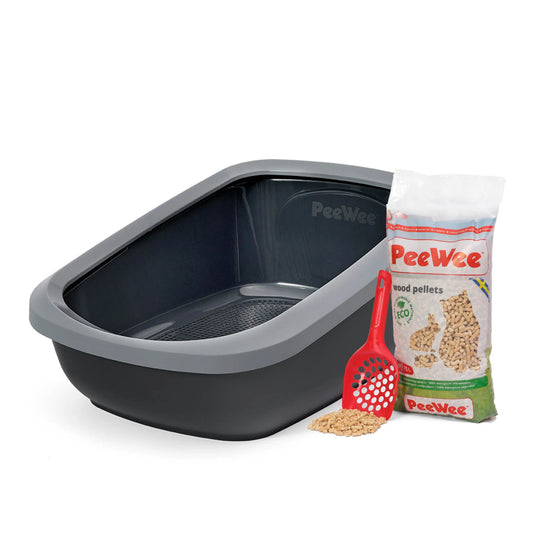 PeeWee EcoGranda XXL bac à litière ouvert gris – Set de Base + 3 kg granulés de bois