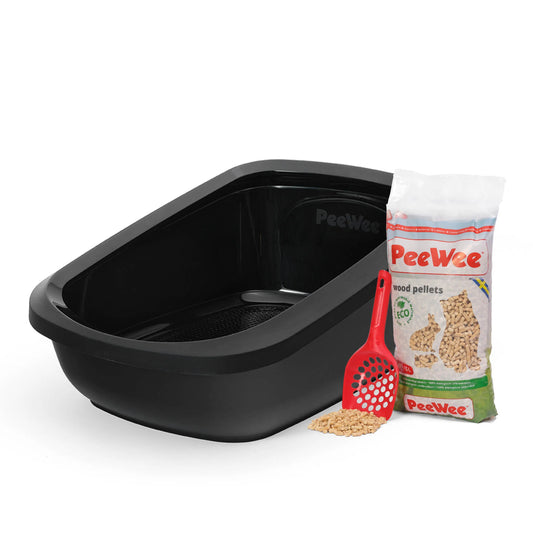 PeeWee EcoGranda XXL bac à litière ouvert noir – Set de Base + 3 kg granulés de bois