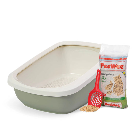 PeeWee EcoGranda XXL bac à litière ouvert vert sauge – Set de Base + 3 kg granulés de bois