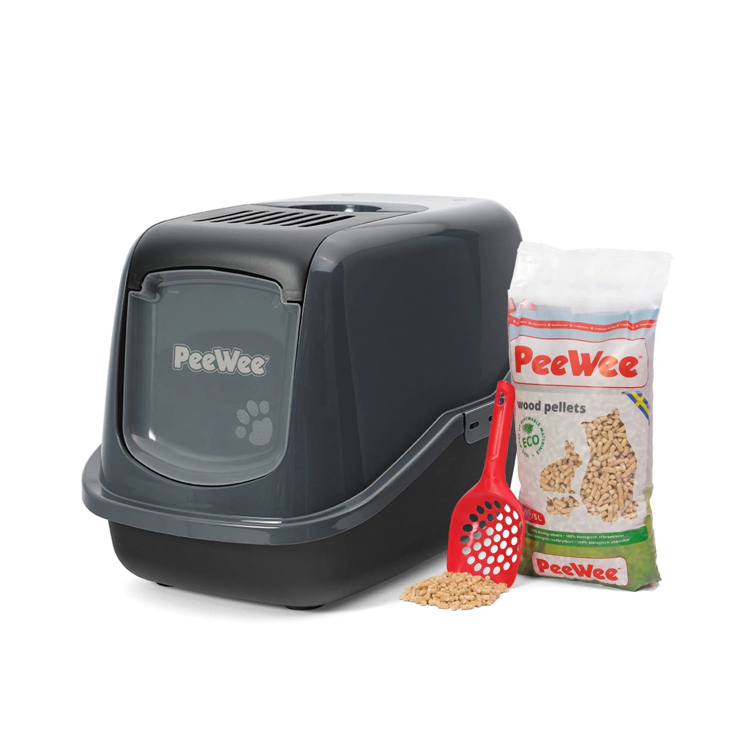 PeeWee EcoHus bac à litière avec couvercle anthracite-noir – Set de Base + 3 kg granulés de bois