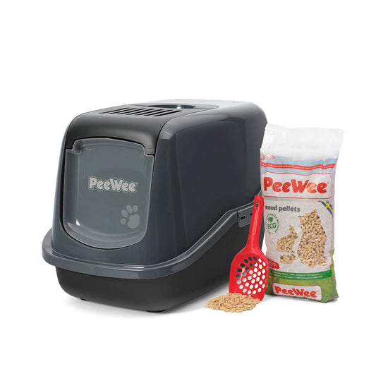 PeeWee EcoHus bac à litière avec couvercle anthracite-noir – Set de Base + 3 kg granulés de bois