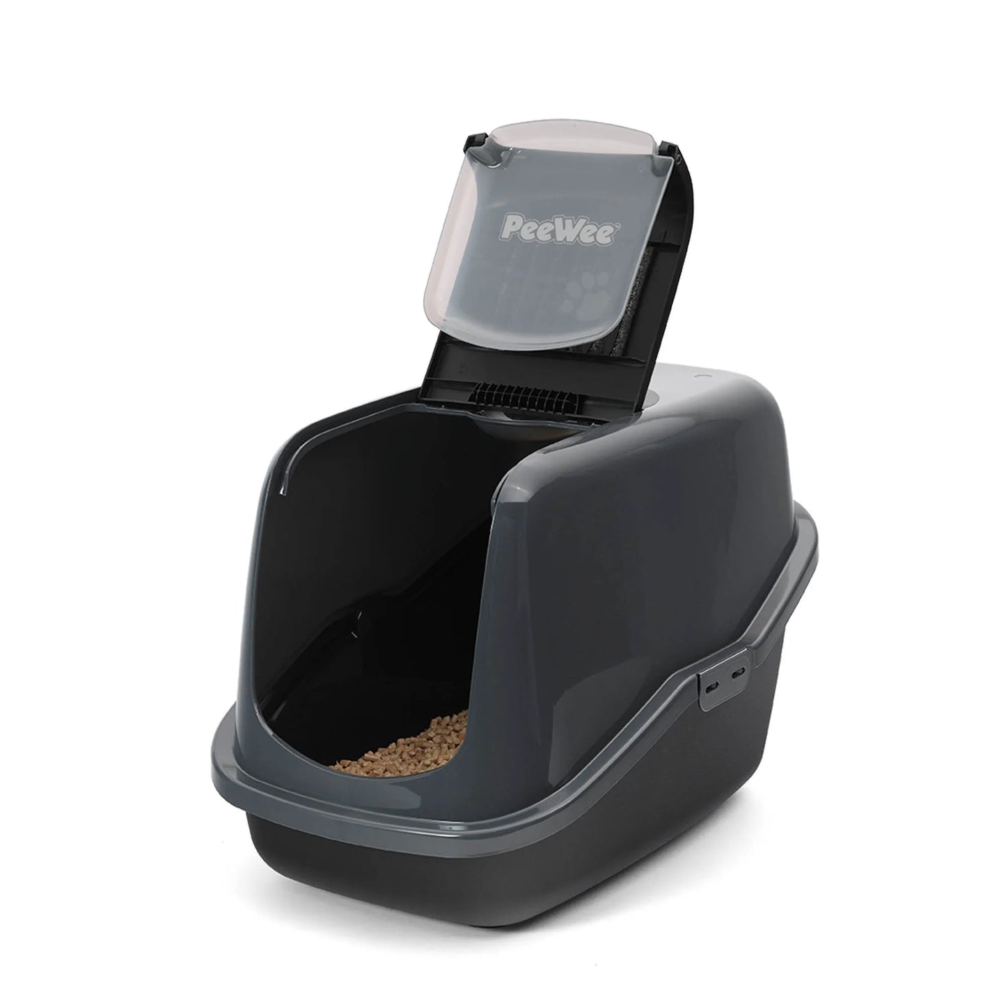 PeeWee EcoHus bac à litière avec couvercle anthracite-noir – Set de Base + 3 kg granulés de bois