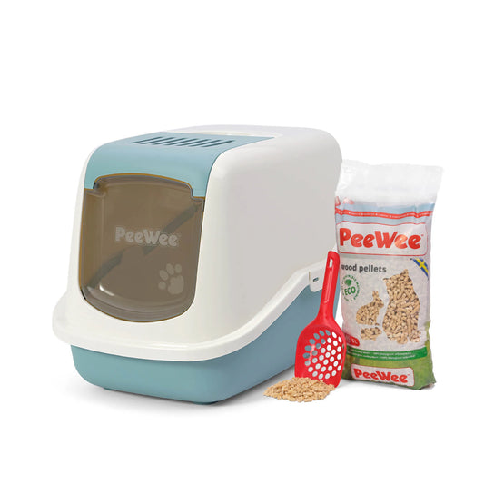 PeeWee EcoHus bac à litière avec couvercle bleu colombe – Set de Base + 3 kg granulés de bois