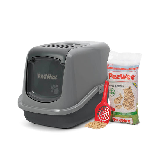 PeeWee EcoHus bac à litière avec couvercle gris – Set de Base + 3 kg granulés de bois