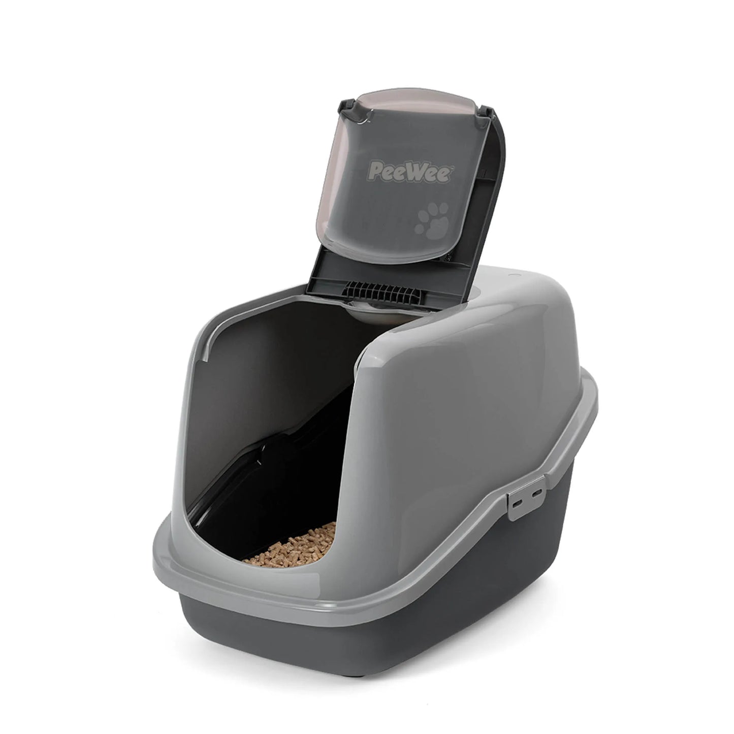 PeeWee EcoHus bac à litière avec couvercle gris – Set de Base + 3 kg granulés de bois