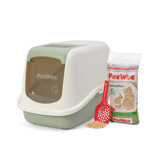 PeeWee EcoHus bac à litière avec couvercle vert sauge – Set de Base + 3 kg granulés de bois