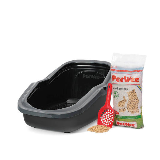 PeeWee EcoMinor bac à litière ouvert anthracite-noir – Set de Base + 3 kg granulés de bois