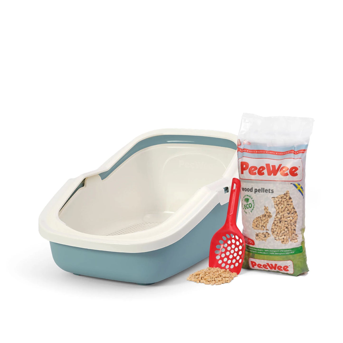 PeeWee EcoMinor bac à litière ouvert bleu colombe – Set de Base + 3 kg granulés de bois