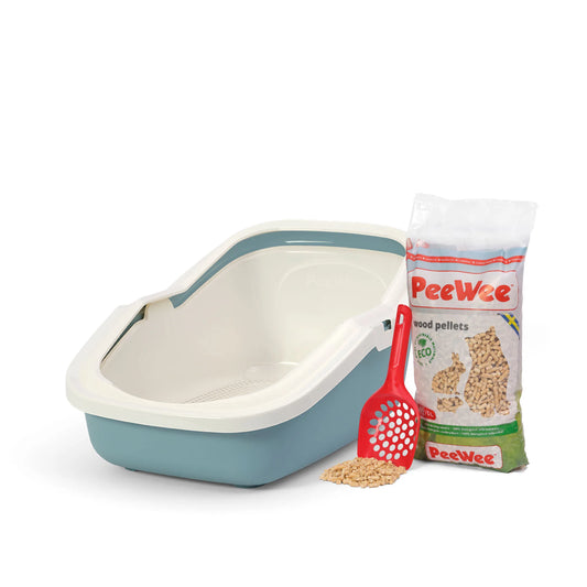 PeeWee EcoMinor bac à litière ouvert bleu colombe – Set de Base + 3 kg granulés de bois