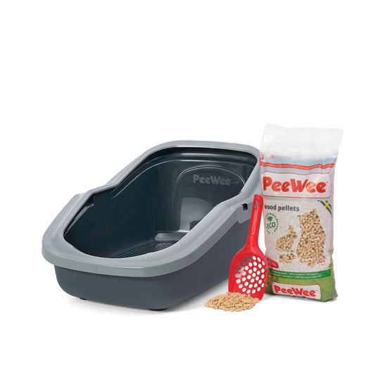 PeeWee EcoMinor bac à litière ouvert gris – Set de Base + 3 kg granulés de bois
