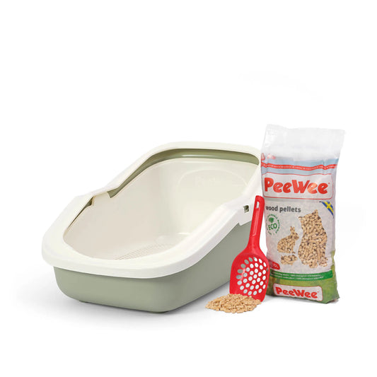 PeeWee EcoMinor bac à litière ouvert vert sauge – Set de Base + 3 kg granulés de bois